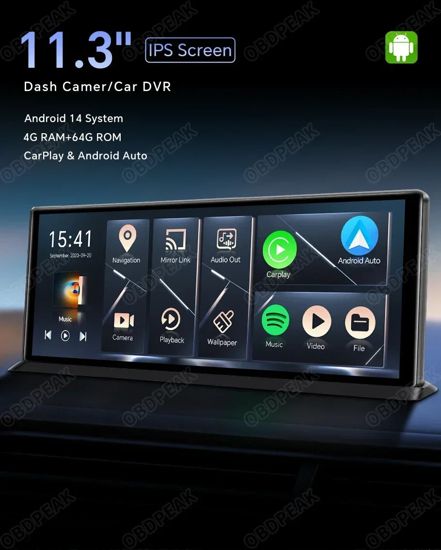 4GB+64GB 11.3 Inch Android 14 Dual Lens Dash cam Camera