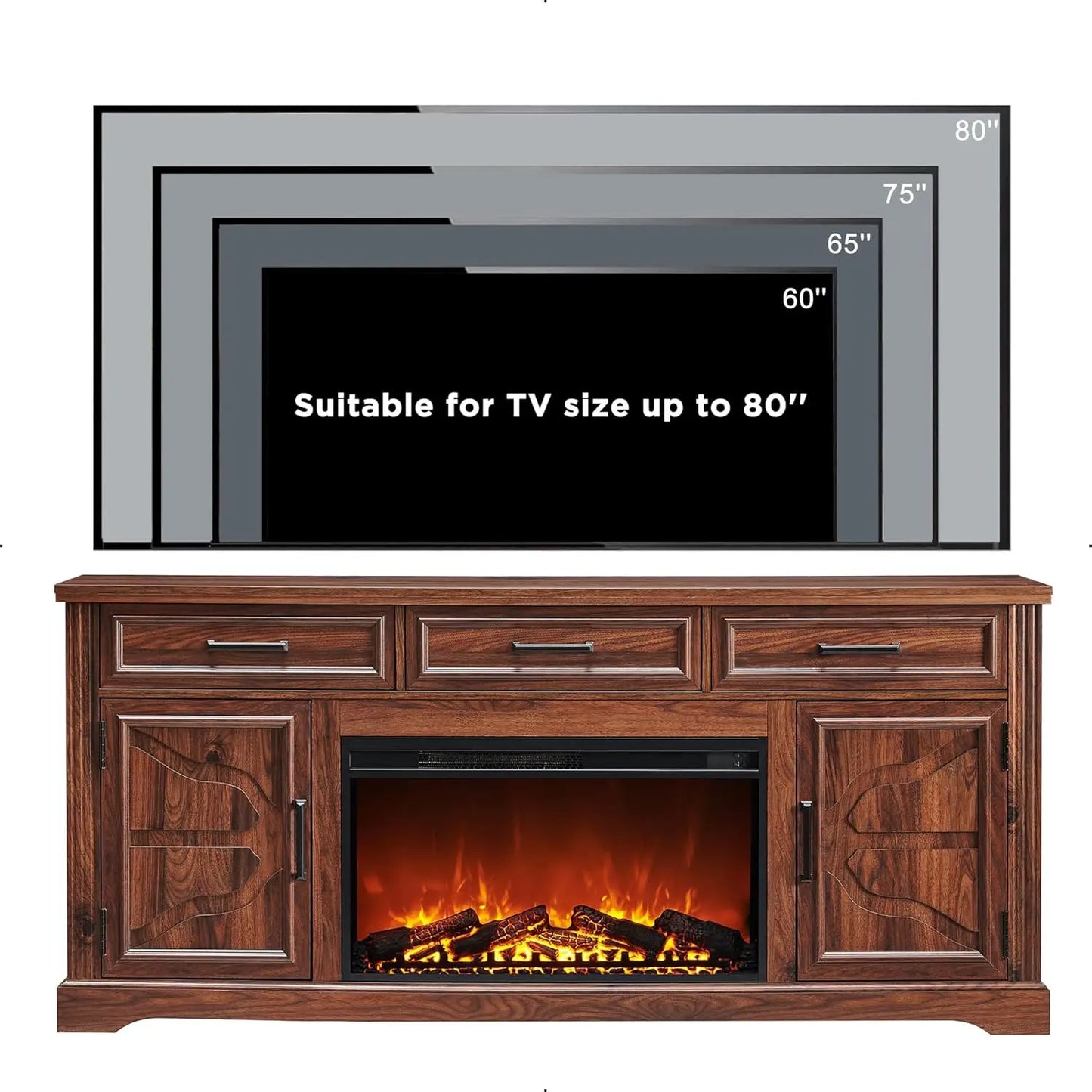 Farmhouse TV Stand for Up to 80 Inch TV, Entertainment Center with Electric Fireplace, Storage Cabinet Drawer for Living Room