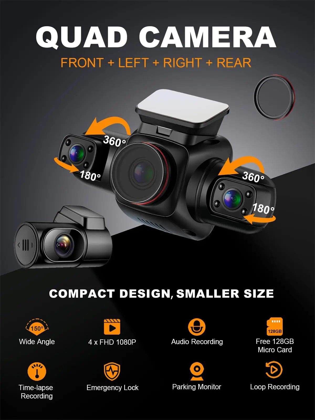 PRUVEEO 360° View Dashcam for Cars with CPL GPS WiFi  128G