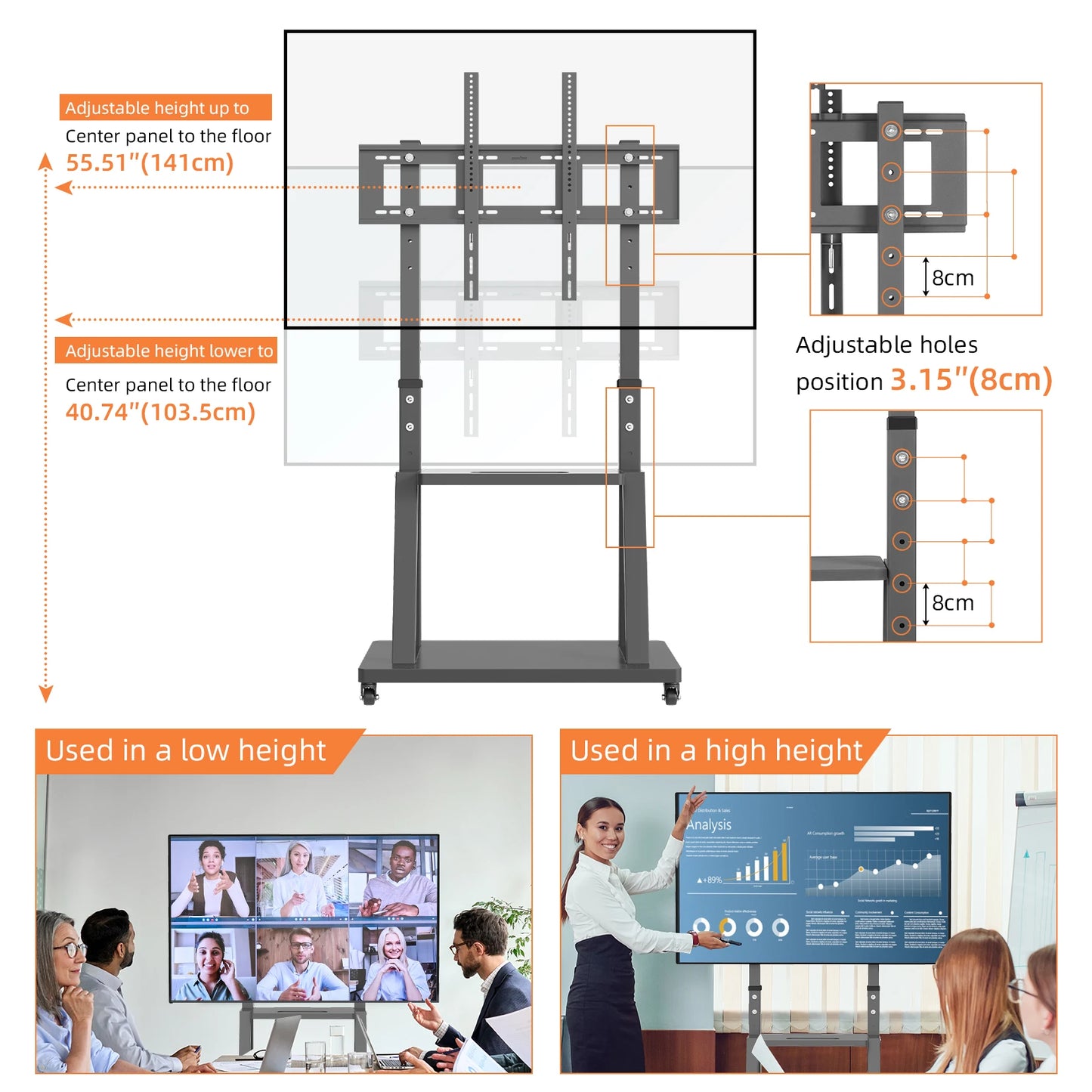 Heavy Duty Mobile TV Cart Stand Height Adjustable Stable TV Trolley with 2 Tier Storage Shelves