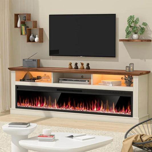 58" Fireplace TV Stand for TVs Up to 65" with 52" Electric Fireplace,White Entertainment Center,Led Light TV Consoles