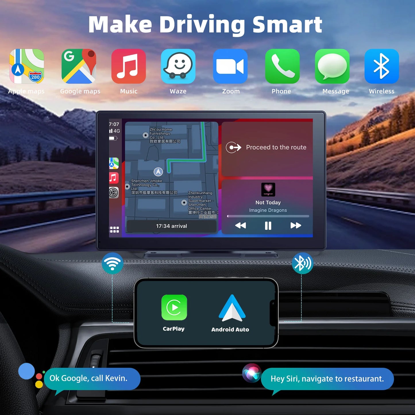 9 Inches Portable Wireless CarPlay with 4K Dash Cam with 64G TF Card,