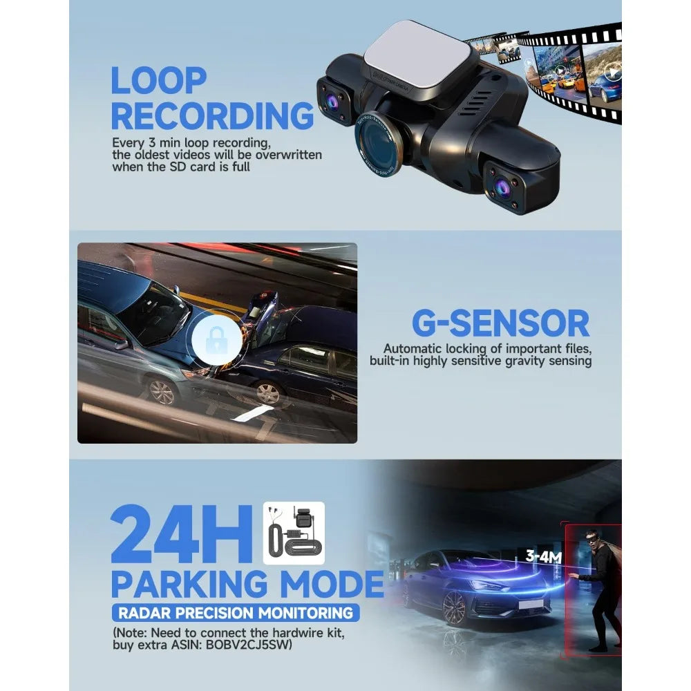Dash Cam 4 Channel Front and Rear Inside, 360° Car Camera