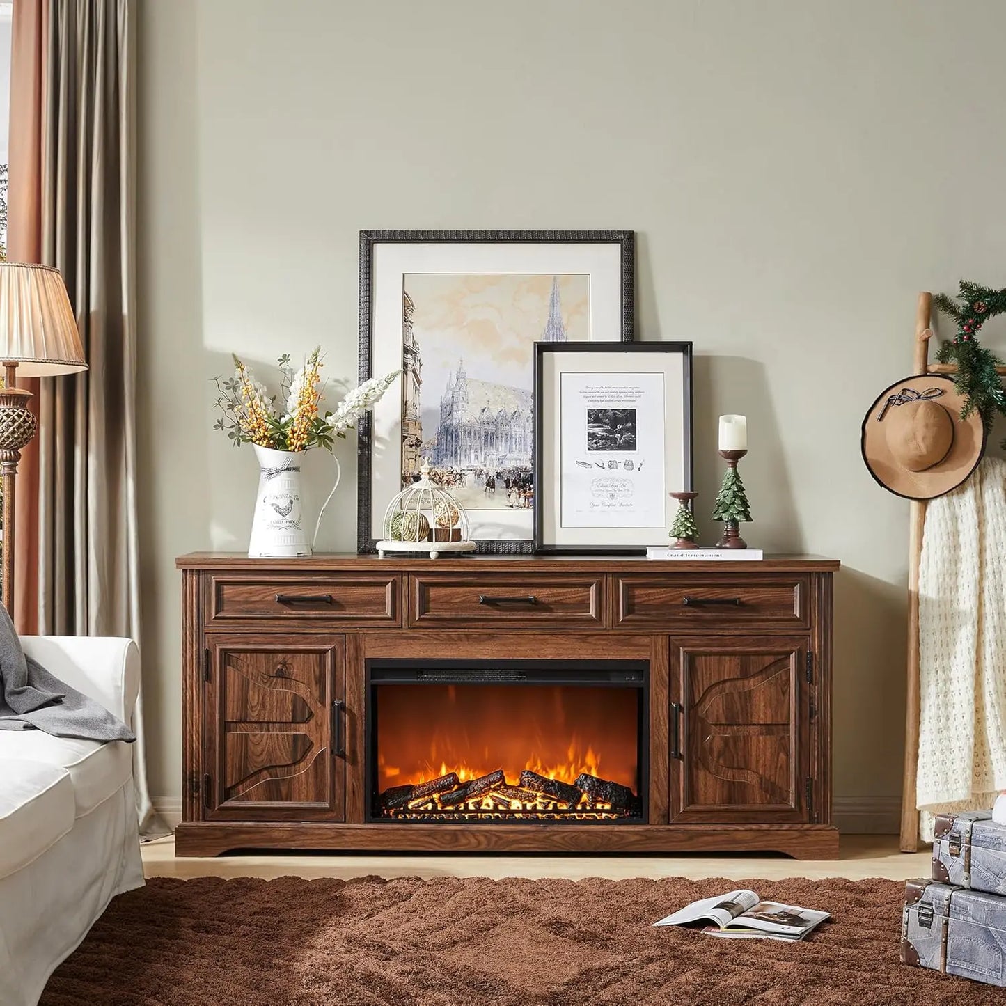 Farmhouse TV Stand for Up to 80 Inch TV, Entertainment Center with Electric Fireplace, Storage Cabinet Drawer for Living Room