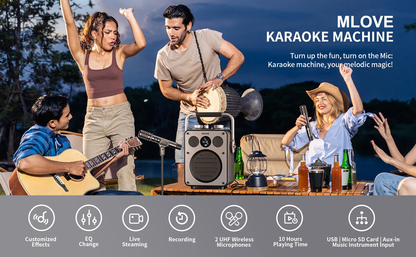 MLOVE D5 Professional Karaoke Machine for Adults with Bluetooth and 2 Wireless Microphones, Portable PA System Speaker, Recordin