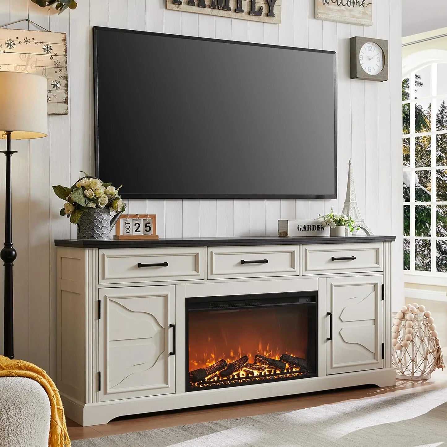 Farmhouse TV Stand for Up to 80 Inch TV, Entertainment Center with Electric Fireplace, Storage Cabinet Drawer for Living Room