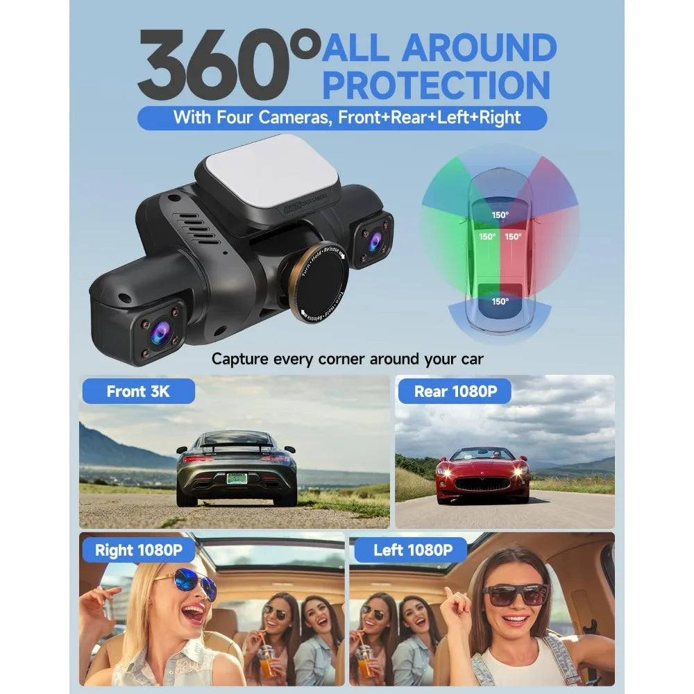 Dash Cam 4 Channel Front and Rear Inside, 360° Car Camera