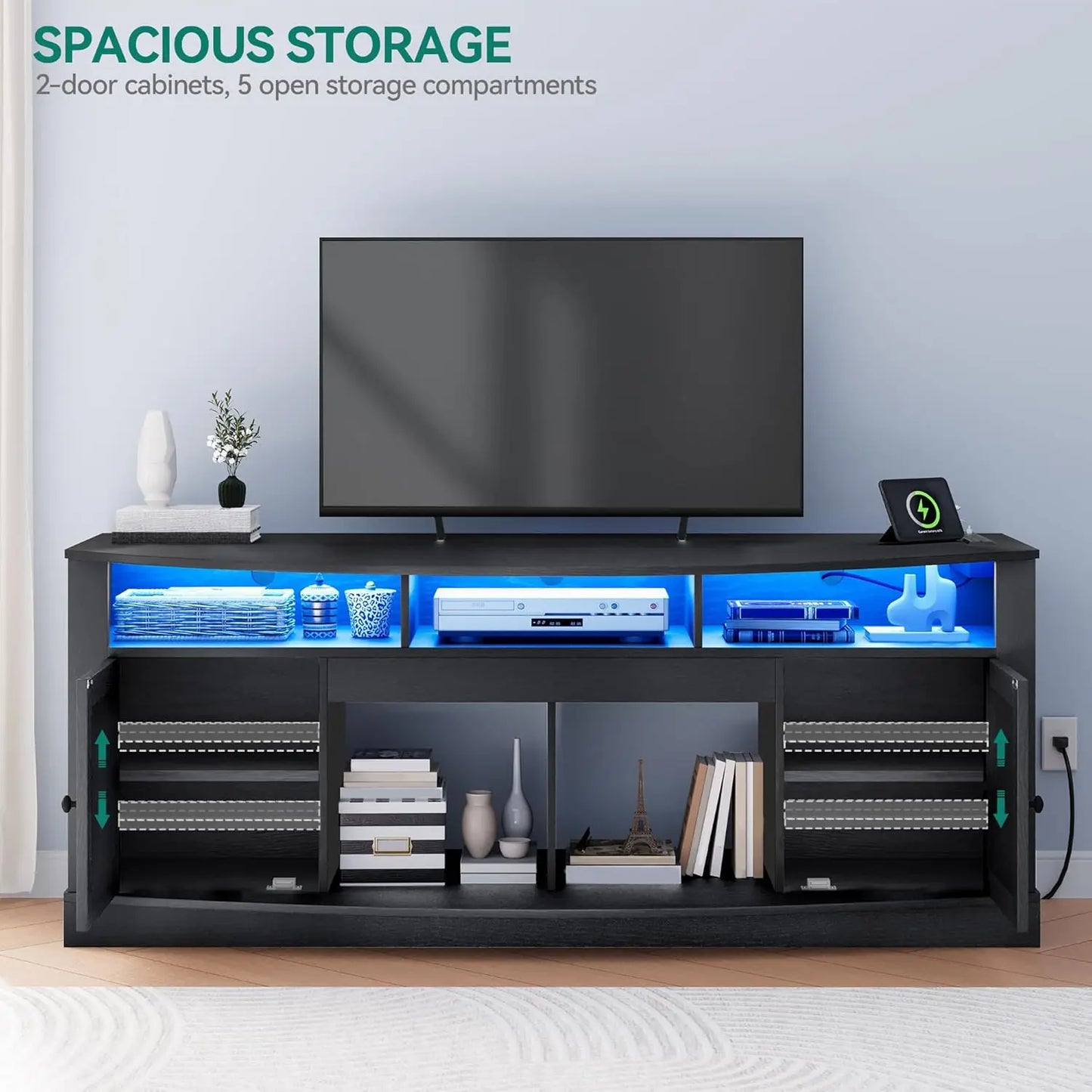 TV Stand for 75/80 Inch TV,Black Entertainment Center 70 Inches Wide,Media Furniture TV Table with with Power Outlet,TV Consoles
