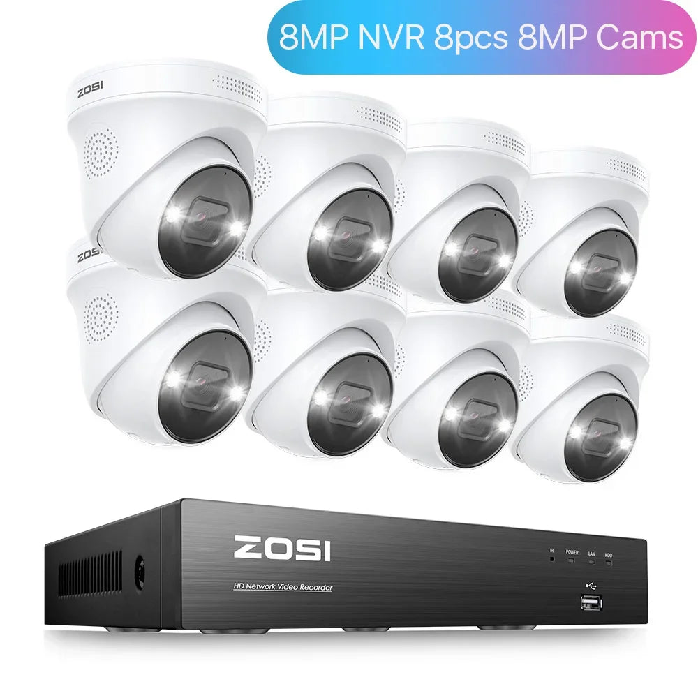 ZOSI 4K PoE Video Surveillance Cameras System 8 Ports 16CH 8MP CCTV NVR Person/Vehicle Detect 8MP/5MP Out/Indoor Security IP Cam