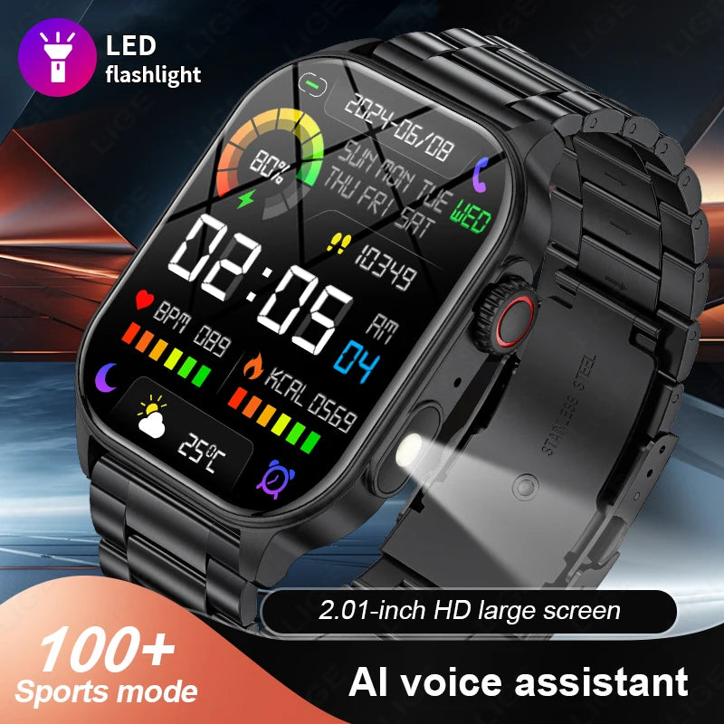 LIGE New Smart Watch LED Flashlight Military Sport Watches