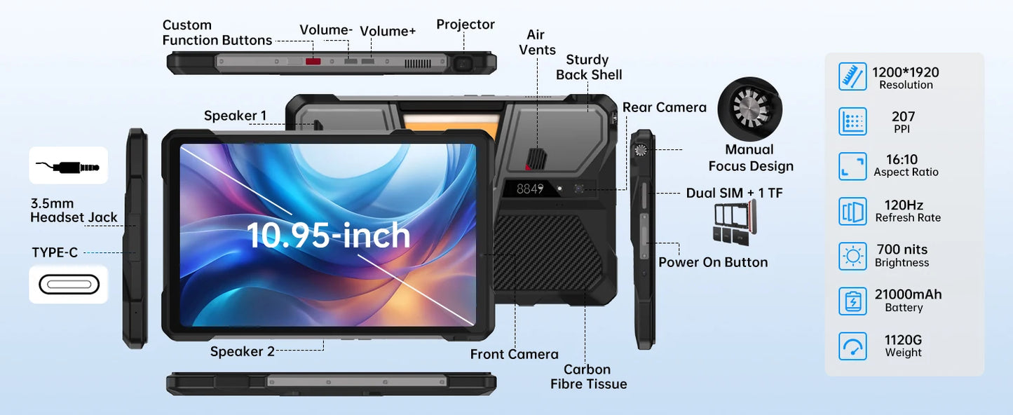 8849 TANK PAD 5G Android14 Unihertz Rugged Projector Tablet 21000mAh 512GB 120Hz 24G Smart Pad 50MP 10.95 inch Phone Tablet 2025