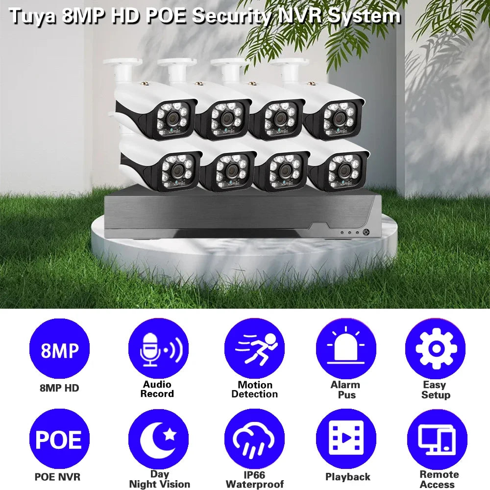 4K 8MP TUYA Security Kit 8CH POE NVR Outdoor Audio Record Human Detection Bullet IP Camera Video Surveillance Smart Life System