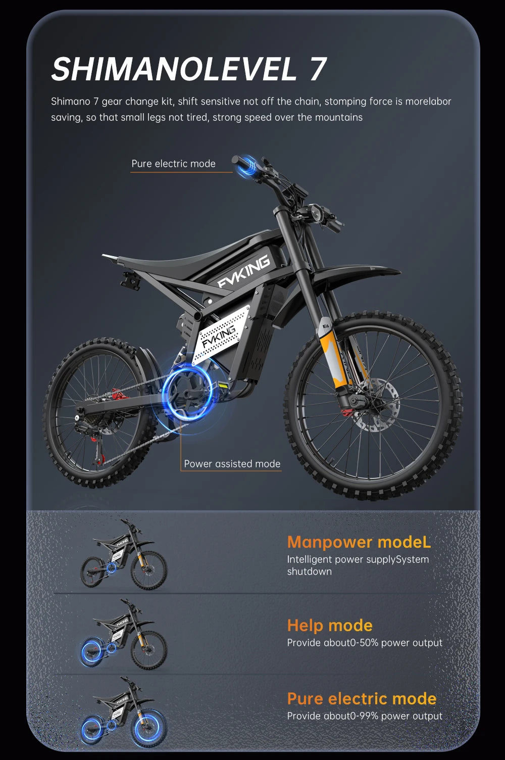 FVKINGE6 off-road electric bicycle 25 inch tires 52V40AH electric motorcycle peak 2900W motor 60KM/H
