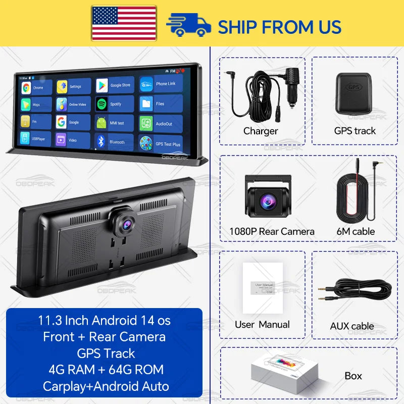 4GB+64GB 11.3 Inch Android 14 Dual Lens Dash cam Camera