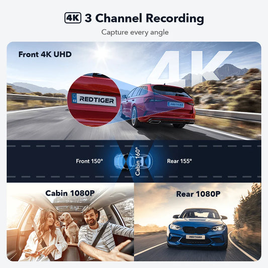 REDTIGER 3 Channel Car Camera 4k Dash Camera
