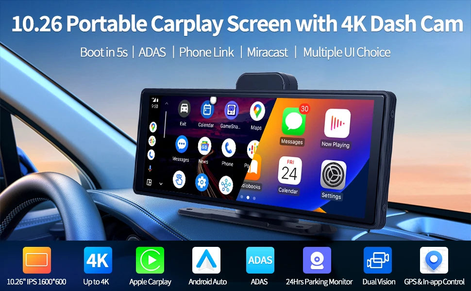 Imagebon 10.26" 4K ADAS Wireless CarPlay & Android Auto Dash Cam