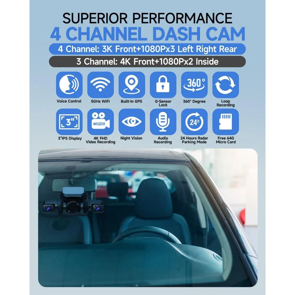 Dash Cam 4 Channel Front and Rear Inside, 360° Car Camera