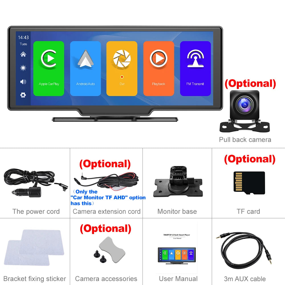 Podofo 10.26" Dash Cam 4K Rearview Camera Dashboard DVR Car Monitor