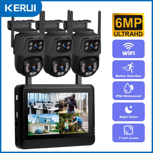 KERUI Wireless 6MP Dual Lens WIFI IP Camera 8CH NVR 7-inch LCD Screen Video Recorder  Home Security Camera System Surveillance