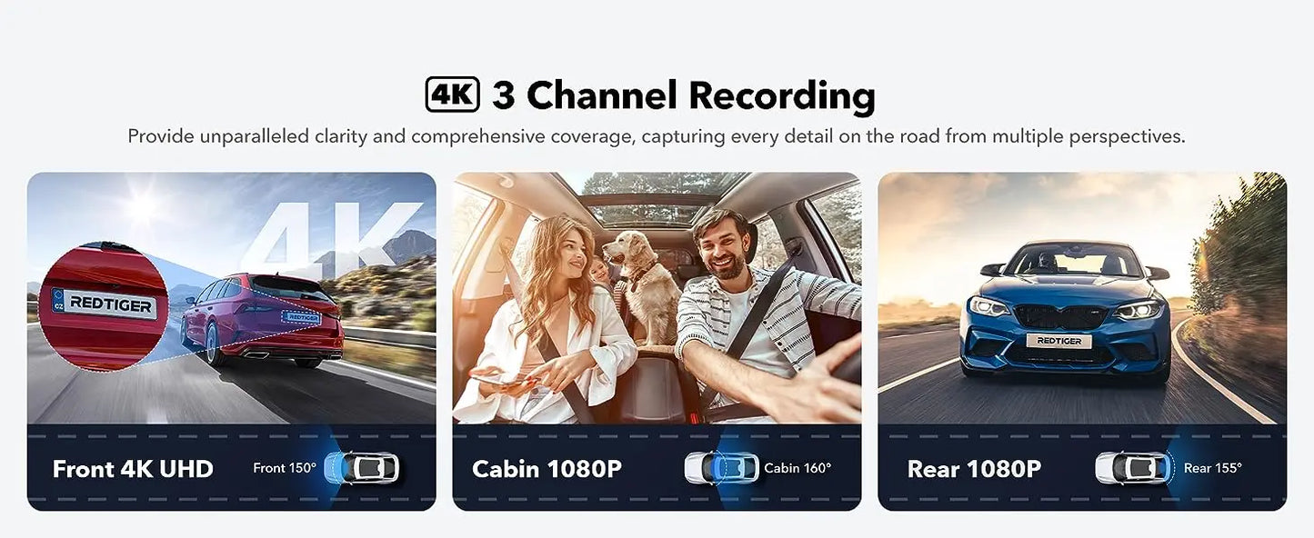 REDTIGER 3 Channel Car Camera 4k Dash Camera