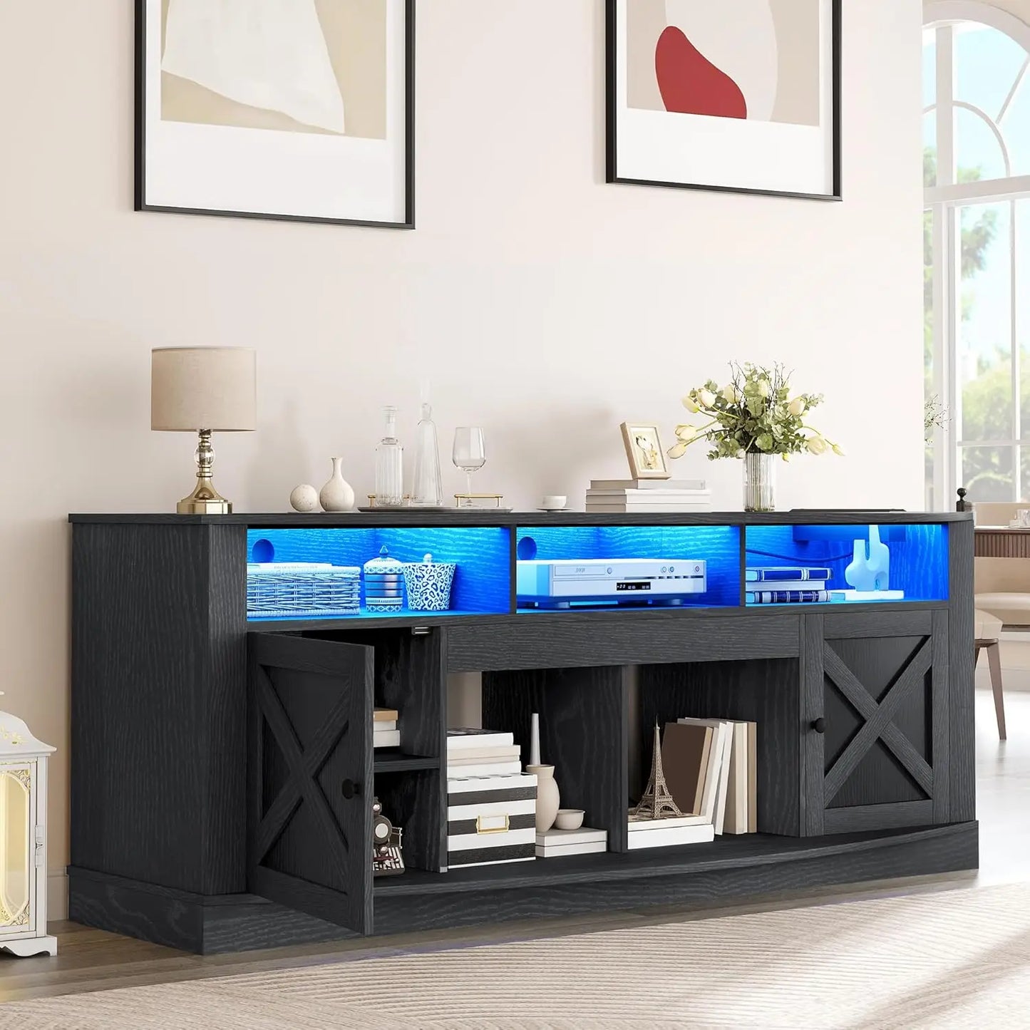 TV Stand for 75/80 Inch TV,Black Entertainment Center 70 Inches Wide,Media Furniture TV Table with with Power Outlet,TV Consoles