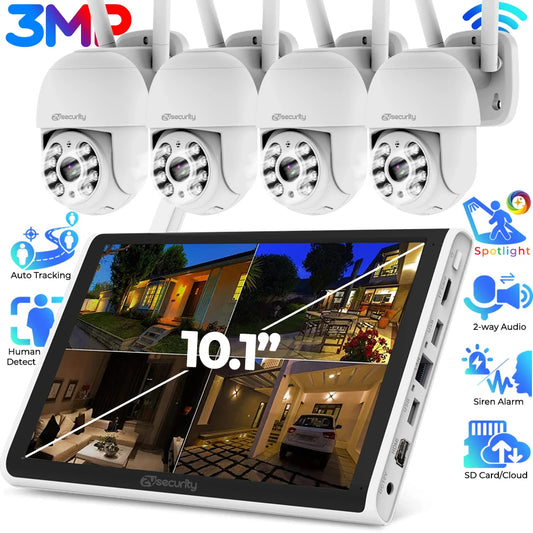 3MP Wireless Surveillance Kit Outdoor WiFi IP PTZ Security Camera System 8CH NVR Kit with 10.1 Inch Monitor Home Mornitoring Set