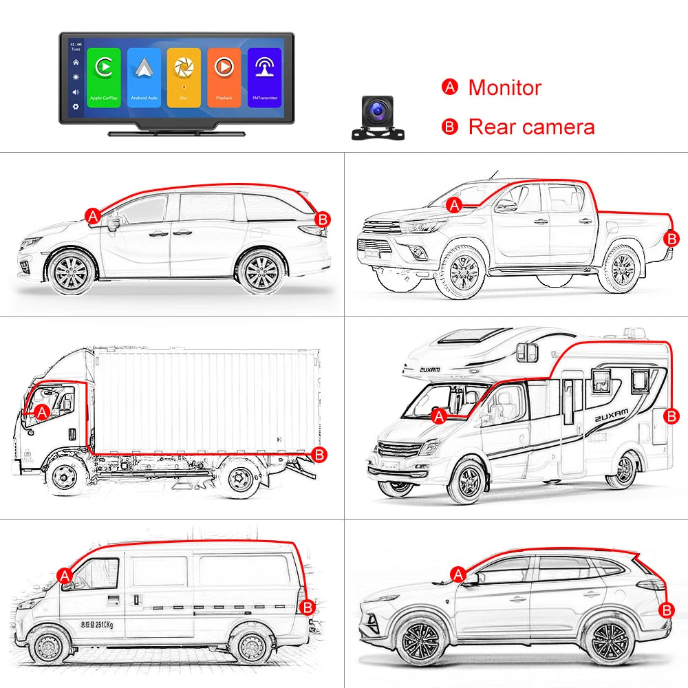 Podofo 10.26" Dash Cam 4K Rearview Camera Dashboard DVR Car Monitor