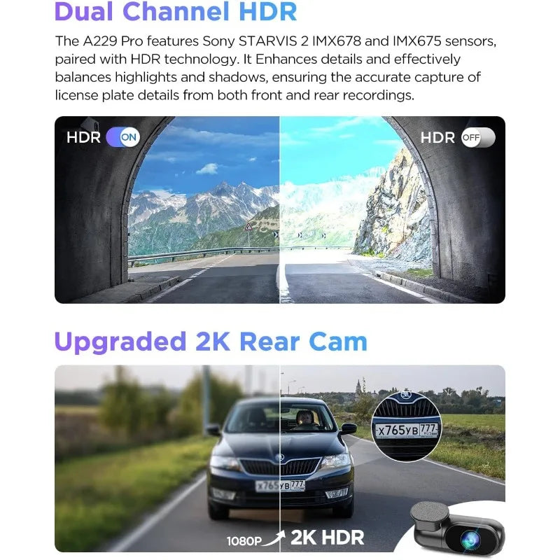 A229 Pro 4K HDR Dash Cam,  4K+2K Front and Rear Car Camera, 2 Channel with HDR, Voice Control