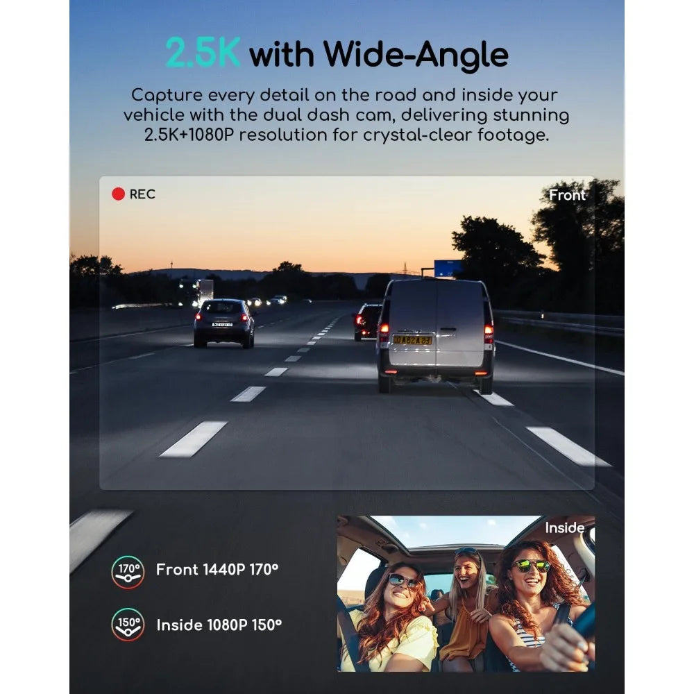 Dual Dash Cam 2.5K+1080P, Dash Cam