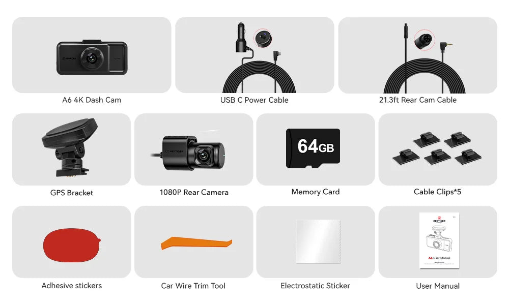 REDTIGER A6  3 Cameras Front/Cabin/Rear Cam 4K