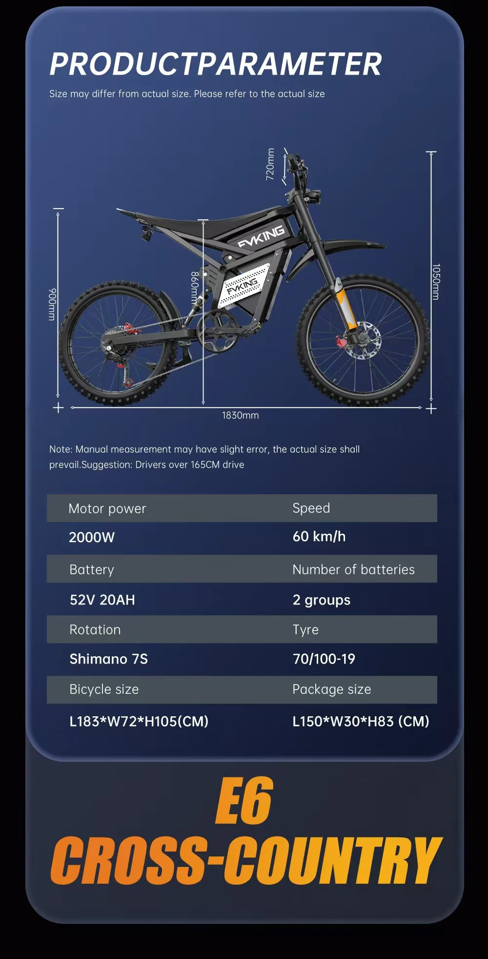 FVKINGE6 off-road electric bicycle 25 inch tires 52V40AH electric motorcycle peak 2900W motor 60KM/H