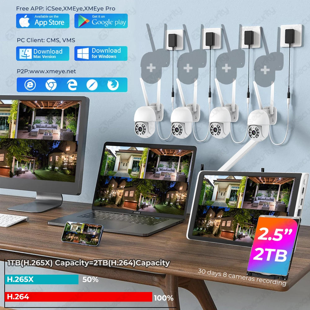 3MP Wireless Surveillance Kit Outdoor WiFi IP PTZ Security Camera System 8CH NVR Kit with 10.1 Inch Monitor Home Mornitoring Set