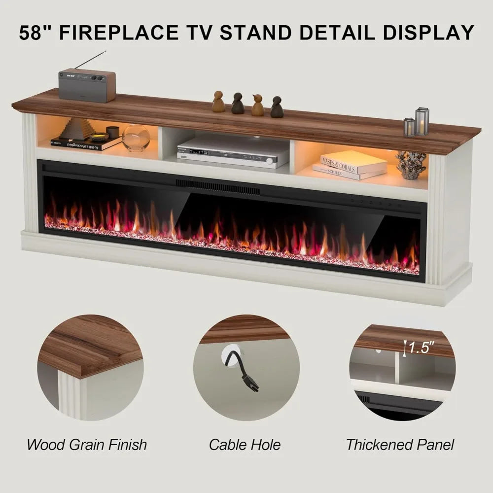 58" Fireplace TV Stand for TVs Up to 65" with 52" Electric Fireplace,White Entertainment Center,Led Light TV Consoles