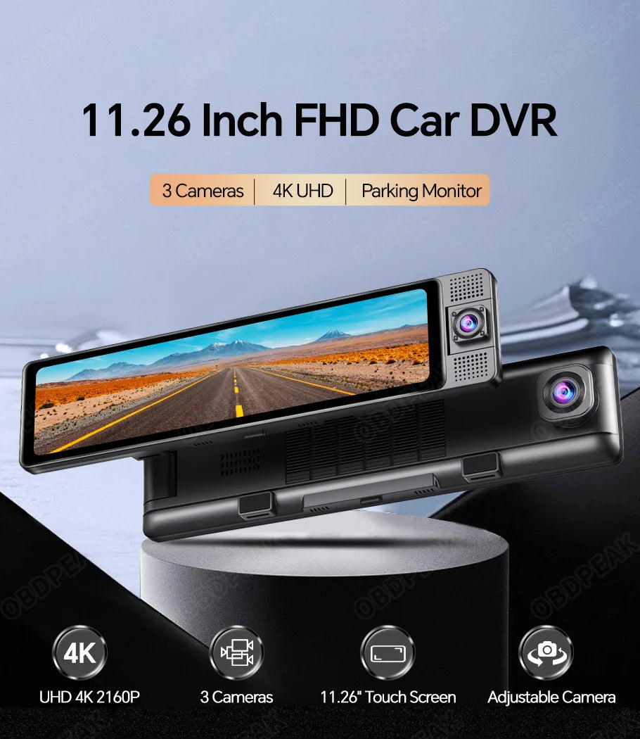 11.26 Inch 3 Camera 4K+1080P+1080P Video Recording Car Dash Cam