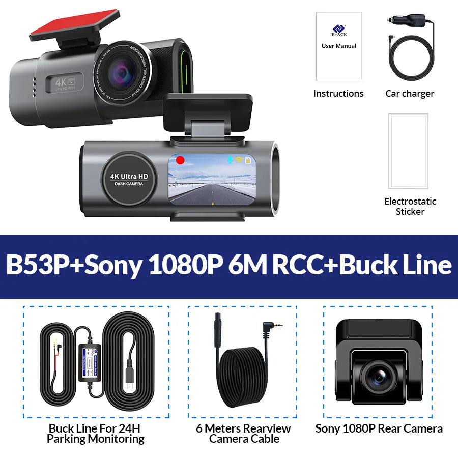 E-ACE 4K Dash Cam for Cars Dual Lens Camera DVR Video Recorder