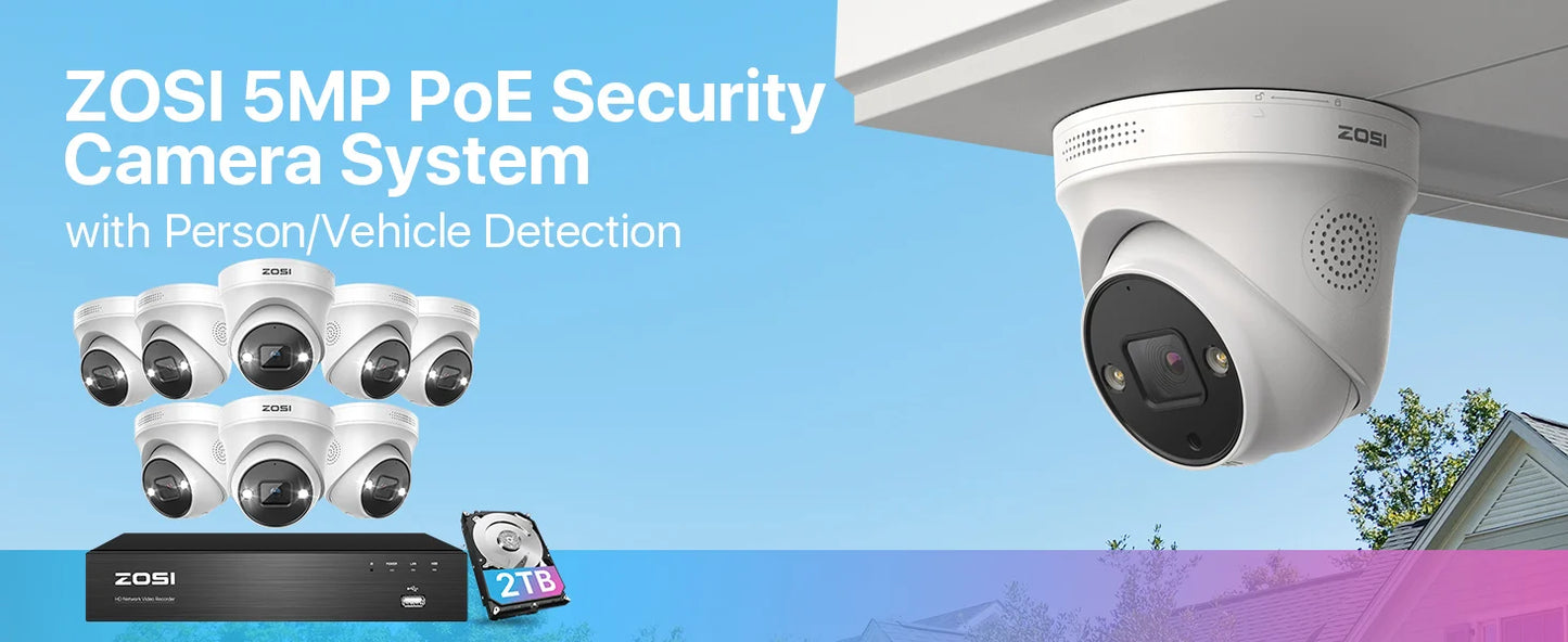 ZOSI 4K PoE Video Surveillance Cameras System 8 Ports 16CH 8MP CCTV NVR Person/Vehicle Detect 8MP/5MP Out/Indoor Security IP Cam