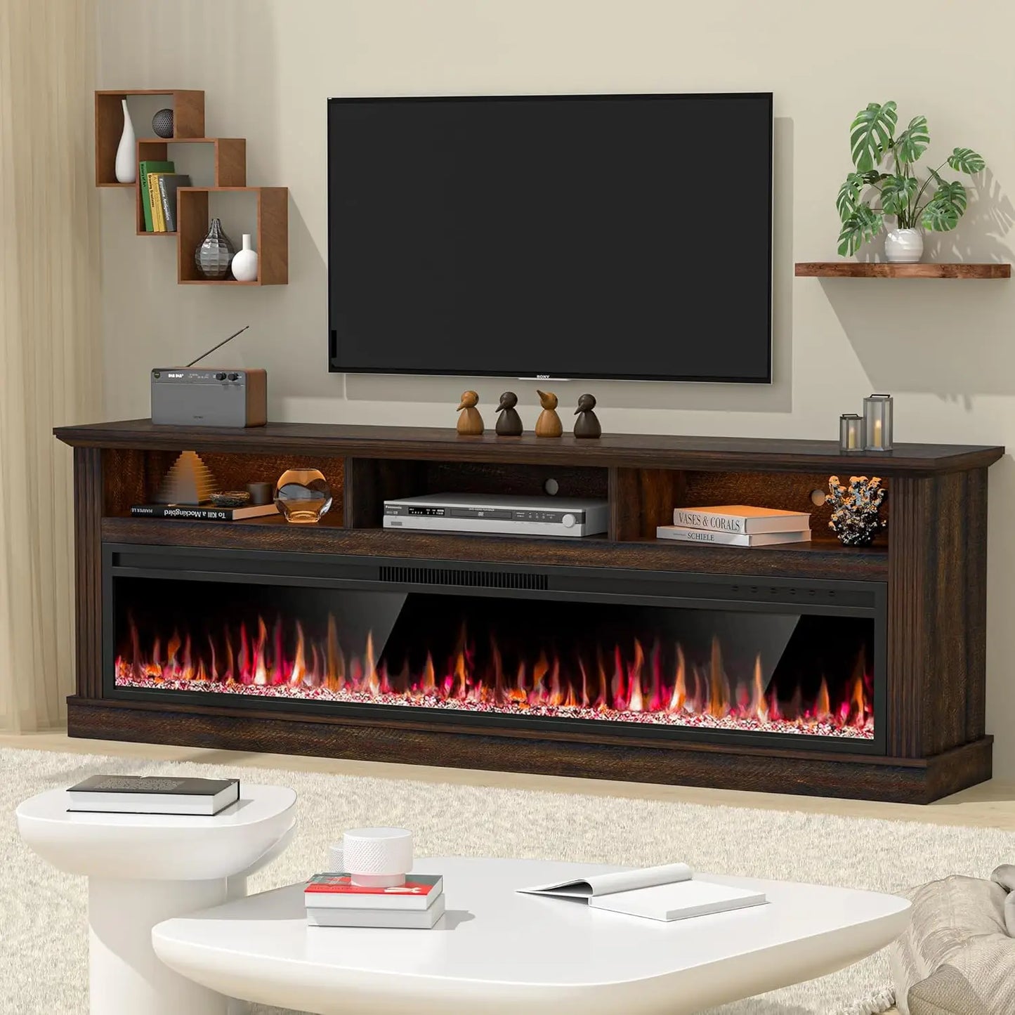 58" Fireplace TV Stand for TVs Up to 65" with 52" Electric Fireplace,White Entertainment Center,Led Light TV Consoles