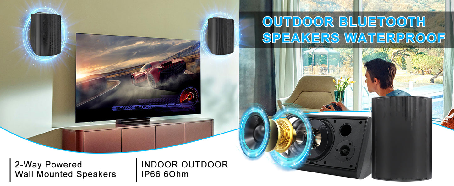 Herdio 800W 6.5 Inch Outdoor Waterproof Bluetooth Speakers HD Digital Stereo Effect Wall Mounted Sound System For Patio 2 Pairs