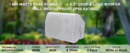 Herdio 4PCS 800W 6.5'' Outdoor Speakers Wired Waterproof Passive Wall Mount Speakers With Powerful Bass For Home Patio Poolside