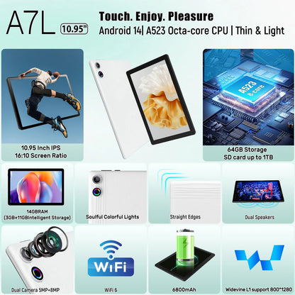 A7L 10.1 Inch Android 14 Tablet 14GB RAM 64GB ROM