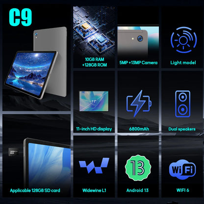 C9+ 11 Inch Tablet HD Display Android14 Octa-Core Processor 12GB RAM+128GB ROM(1TB TF)
