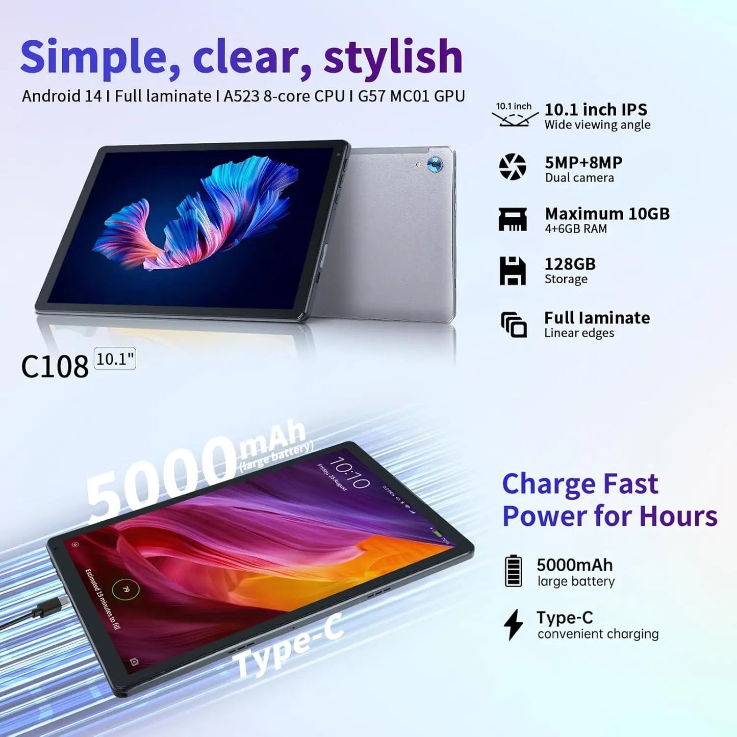 C108 Android Tablet 10.1 Inch Tablets Octa-Core 10GB RAM 128GB ROM