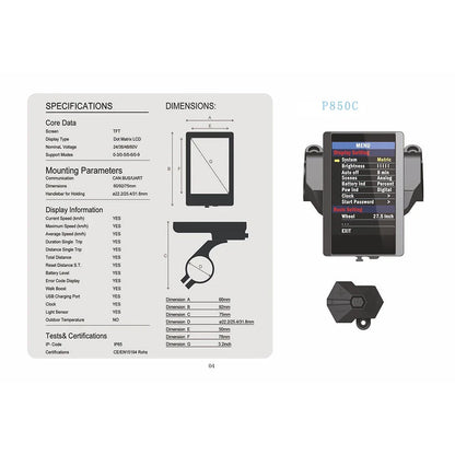 Electric Bike Speedometer with USB Port, TFT Display, P850C for BAFANG BBS, Mid Drive Hub Motor, Ebike Computer