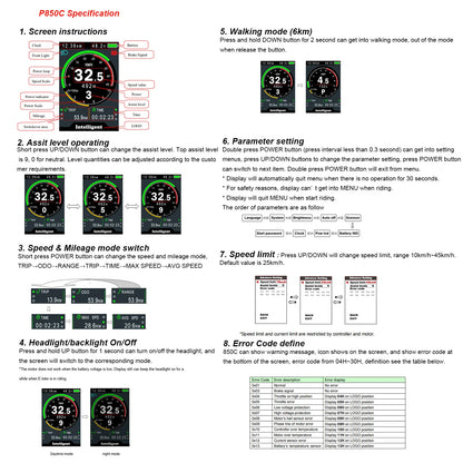 Electric Bike Speedometer with USB Port, TFT Display, P850C for BAFANG BBS, Mid Drive Hub Motor, Ebike Computer