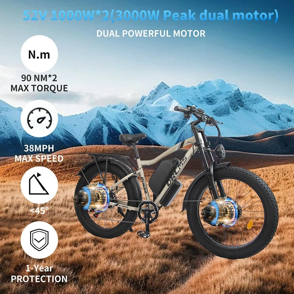 ORLMS MX500 26" Fat Tire Mountain Electric Bike 2000W Dual Motor 52V 25Ah Battery