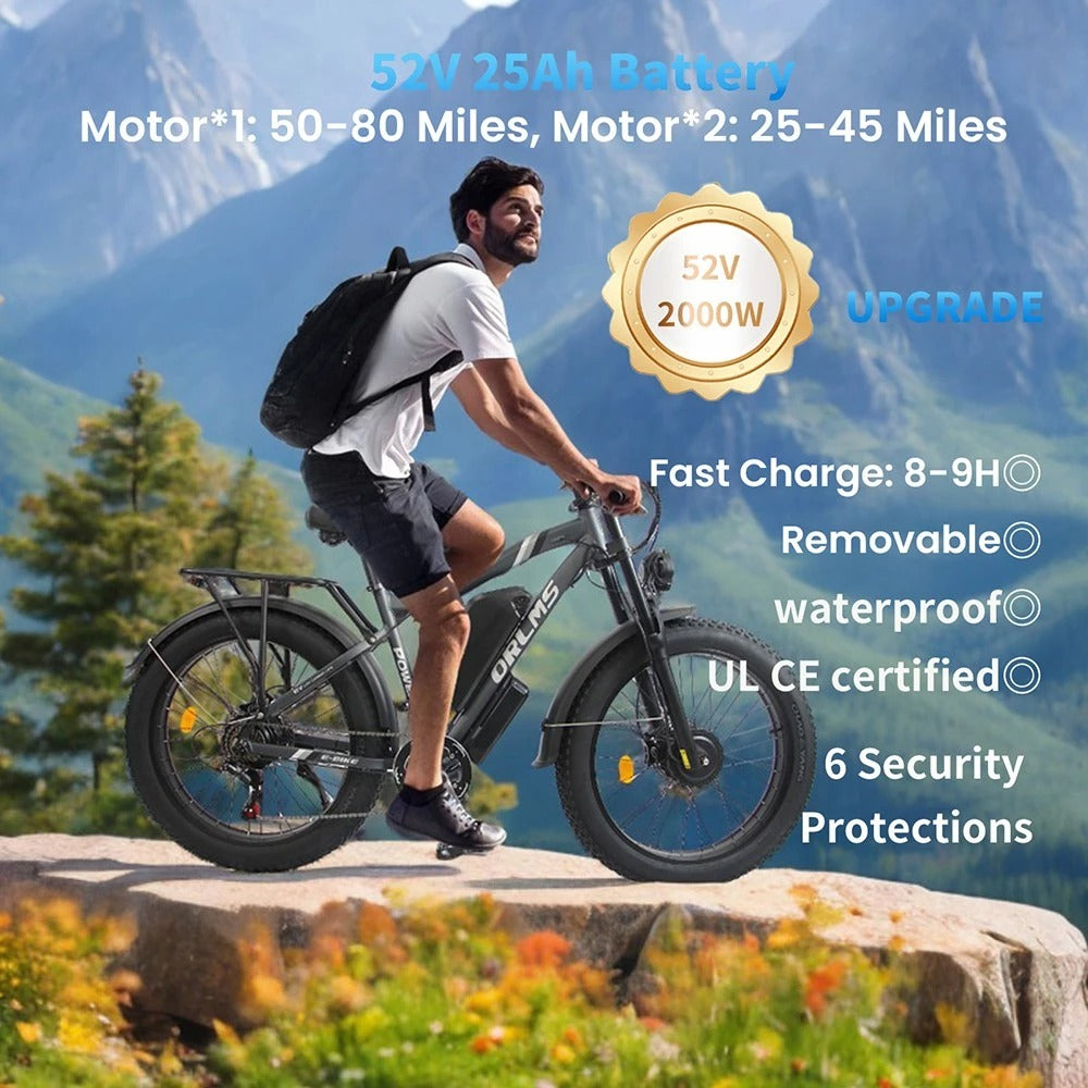 ORLMS MX500 26" Fat Tire Mountain Electric Bike 2000W Dual Motor 52V 25Ah Battery