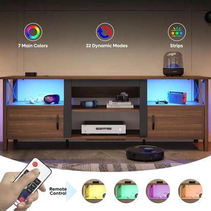 Farmhouse TV Stand for 70 inch TV, Gaming Entertainment Center with LED Lights & Storage Cabinets & Shelf