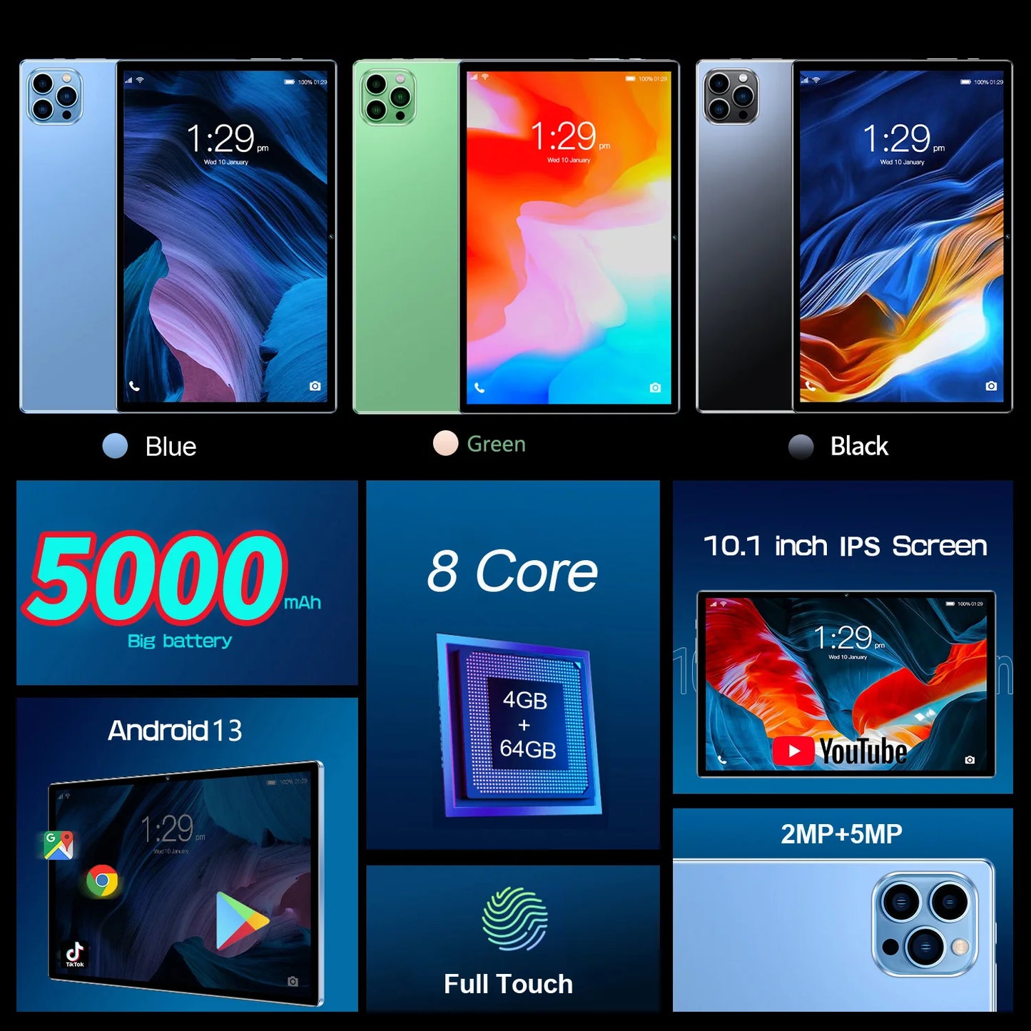10.1 Inch Android 13 Tablet with Octa Core 4GB RAM 64GB ROM