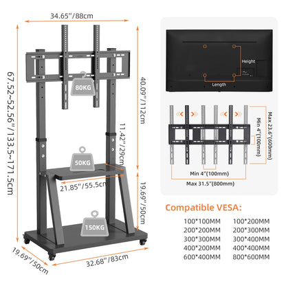Heavy Duty Mobile TV Cart Stand Height Adjustable Stable TV Trolley with 2 Tier Storage Shelves