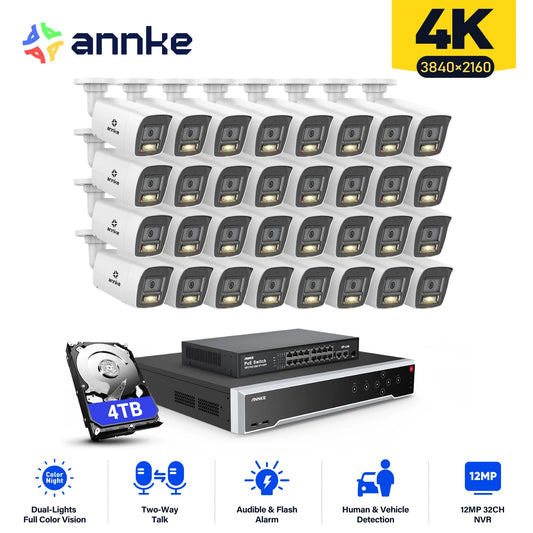 ANNKE 32CH 4K Ultra HD POE Network Video Security System 8MP H.265+ IP Camera Support Two Way Audio Human&Vehicle Detection 4MM